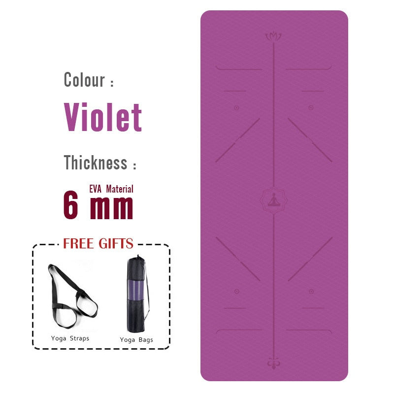 For Beginner: 6mm Yoga Mat, Asana Chart, Alignment, Motto, TPE Non-slip (FREE GIFT: bag and strap for mat)
