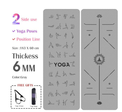 For Beginner: 6mm Yoga Mat, Asana Chart, Alignment, Motto, TPE Non-slip (FREE GIFT: bag and strap for mat)